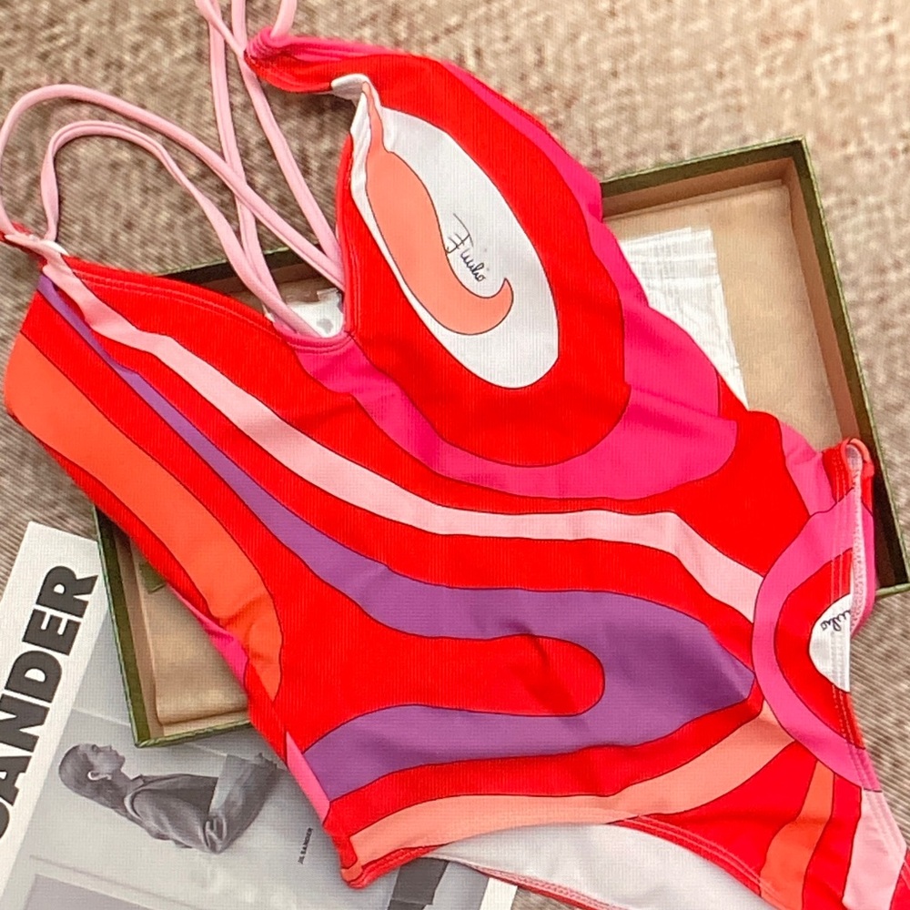 Emilio Pucci Red Pink Purple Wave-Print One-Piece Swimsuit